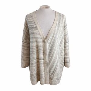 Pure Jill Cardigan Sweater Striped V Neck Button Front Large Cozy Coastal